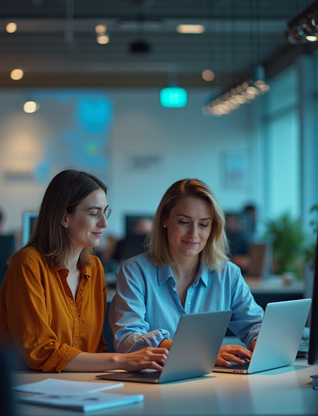 two female team members working together at the office